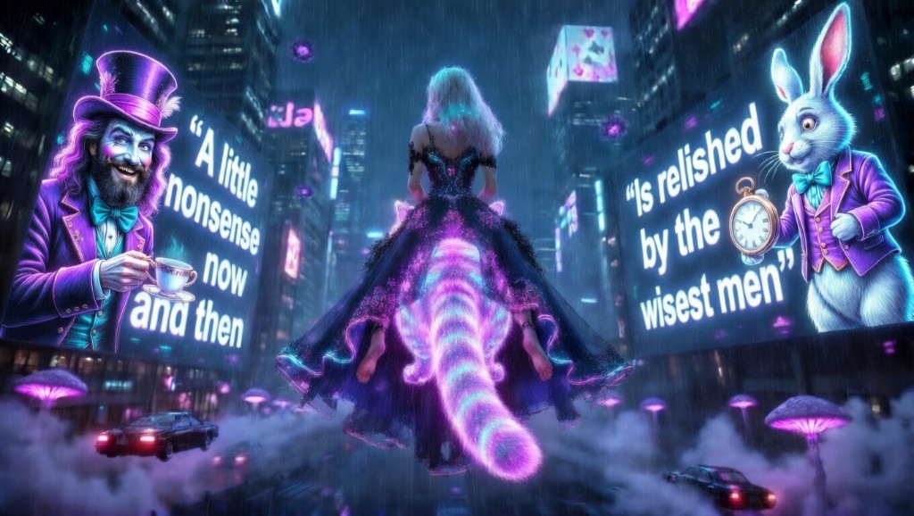 Cyberpunk Wonderland city: Alice on the glowing Cheshire tail, rain and neon; left billboard Mad Hatter in the creator’s likeness with teacup, White Rabbit and pocket watch on the right